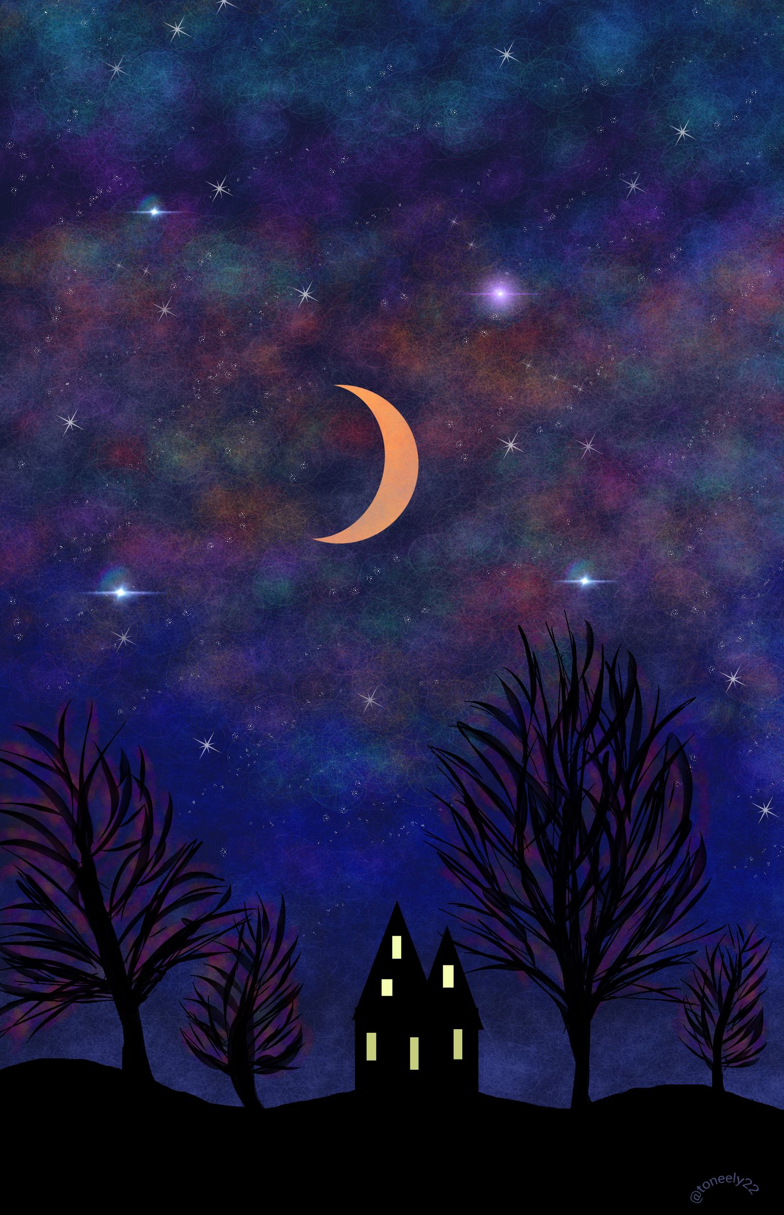 Луна и звезды. Дети ночи. Ночное звездное небо. Сказочное ночное небо. Рисунок ночь легко